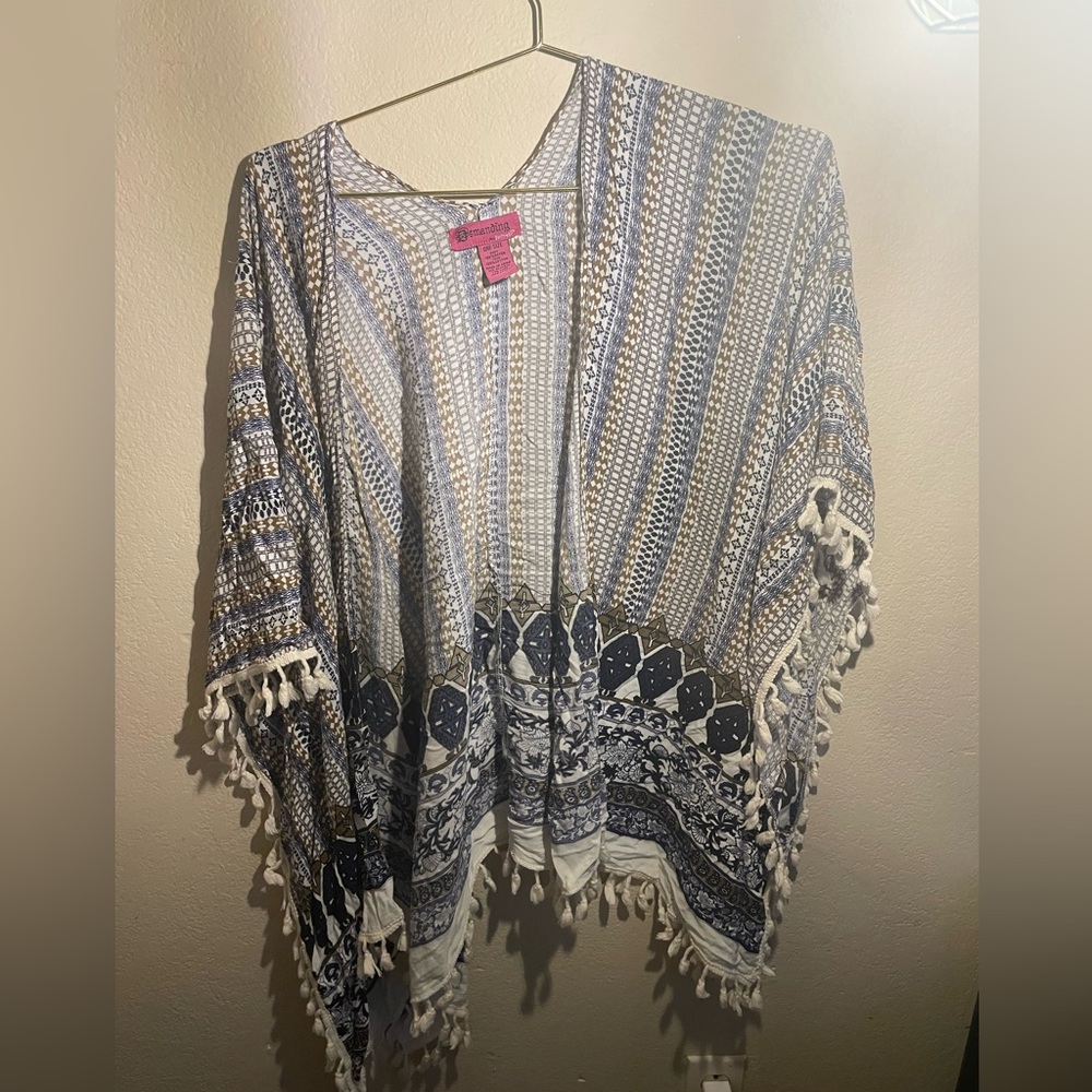 Women’s Demanding poncho cover-up with fringe blue and brown one size fits all